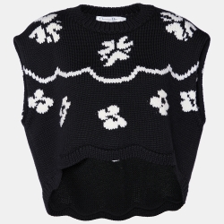 Pre Owned Christian Dior Black Intarsia Knit Scallop Hem Sweater M
