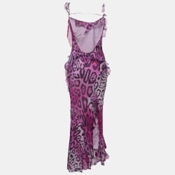 Pre Owned Christian Dior Purple Cheetah Prink Silk-Chiffon Asymmetric Ruffled Dress M