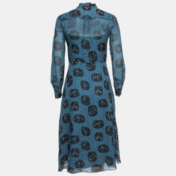 Pre Owned Dior Blue Constellation Printed Silk Tie-Neck Detail A-Line Midi Dress S