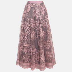 Pre Owned Dior Pink Patterned Lace Dioriviera Midi Skirt L