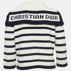 Pre Owned Christian Dior Cream/Navy Blue Striped Knit Buttoned Cardigan M