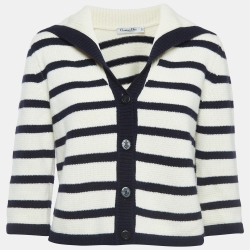 Pre Owned Christian Dior Cream/Navy Blue Striped Knit Buttoned Cardigan M