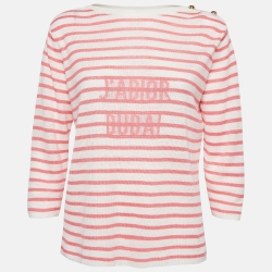 Dior Pink and White Strip Patterned Knit Shoulder Buttoned Top XL 