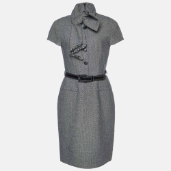 Pre Owned Dior Monochrome Wool Bow Detail Belted Dress M