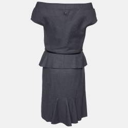 Dior Dark Grey Wool Belted Skirt Suit L