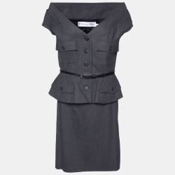 Dior Dark Grey Wool Belted Skirt Suit L