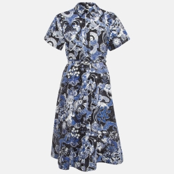 Christian Dior Blue Celestial Print Poplin Belted Midi Dress M