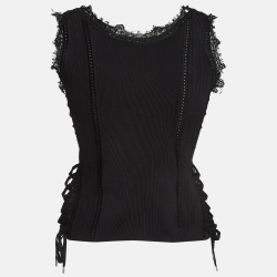 Pre Owned Christian Dior Black Tulle Trim Jersey Lace-Up Top M