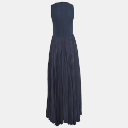 Pre Owned Dior Navy Blue Embellished Silk Pleated Maxi Dress S