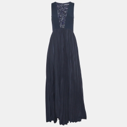 Pre Owned Dior Navy Blue Embellished Silk Pleated Maxi Dress S