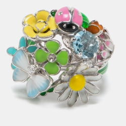 Dior Diorette Aquamarine Diamond Enamel 18k White Gold Cocktail Ring Size 54