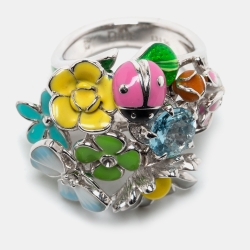 Dior Diorette Aquamarine Diamond Enamel 18k White Gold Cocktail Ring Size 54