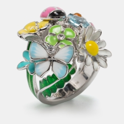 Dior Diorette Aquamarine Diamond Enamel 18k White Gold Cocktail Ring Size 54