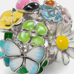 Dior Diorette Aquamarine Diamond Enamel 18k White Gold Cocktail Ring Size 54