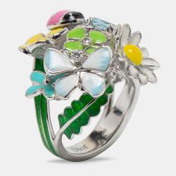 Dior Diorette Aquamarine Diamond Enamel 18k White Gold Cocktail Ring Size 54