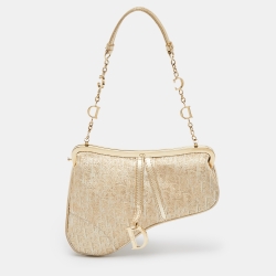 Pre Owned Dior Gold Oblique Jacquard and Leather Frame Saddle Bag