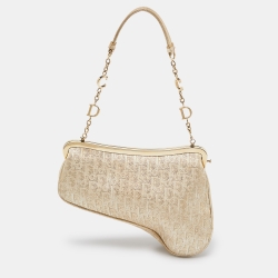 Pre Owned Dior Gold Oblique Jacquard and Leather Frame Saddle Bag