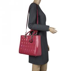 Pre Owned حقيبة ديور ليدي ديور جلد فوشيا وردي لامع كبيرة