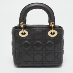 Dior Dark Grey Cannage Leather Mini Lady Dior Tote