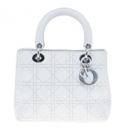 Pre Owned Dior White Studded Leather Medium Lady Dior