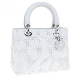 Pre Owned Dior White Studded Leather Medium Lady Dior
