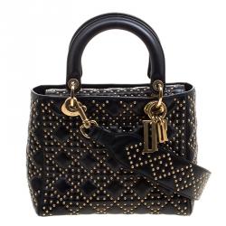 Pre Owned Dior Black Leather Lady Dior Studded Tote