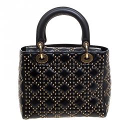 Pre Owned Dior Black Leather Lady Dior Studded Tote