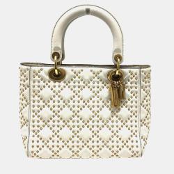 Pre Owned Christian Dior Cannage Tote Bag  Lady Dior  Handbag  Leather  White