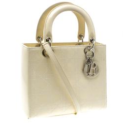 Pre Owned Dior Cream Patent Leather Medium Lady Dior Tote