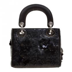 Pre Owned Dior Black Sequin and Satin Mini Lady Dior Tote