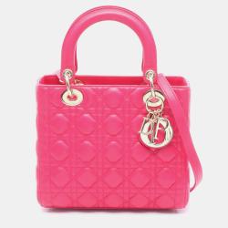 Pre Owned Christian Dior Dior Lady Cannage Handbag Leather Pink