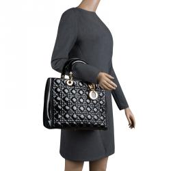 Pre Owned Dior Black Patent Leather Large Lady Dior Tote