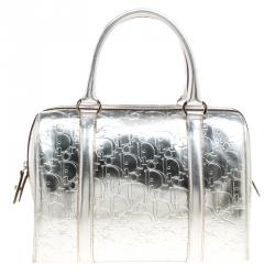 Christian Dior Metallic Silver Oblique Monogram Leather Boston Bag