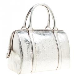 Christian Dior Metallic Silver Oblique Monogram Leather Boston Bag