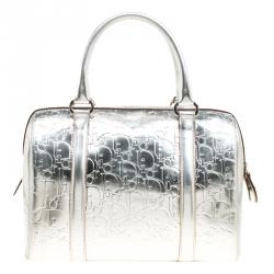 Christian Dior Metallic Silver Oblique Monogram Leather Boston Bag
