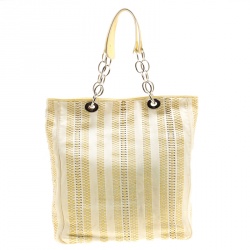 Pre Owned Dior Cream Woven Soft Leather Large Shopping Tote
