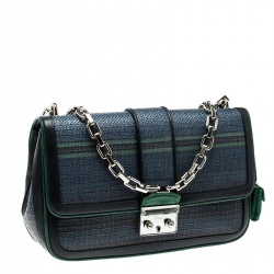 Pre Owned Dior Blue/Green Raffia and Leather Miss Dior Medium Flap Bag