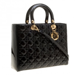 Pre Owned حقيبة ديور ليدي ديور جلد لامع سوداء كبيرة