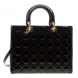 Pre Owned حقيبة ديور ليدي ديور جلد لامع سوداء كبيرة