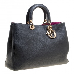 مملوكة مسبقًا حقيبة يد ديور شوبر ديوريسيمو كبيرة جلد حُبيبي أزرق داكن