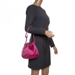 Pre Owned Dior Pink Cannage Quilted Nylon Drawstring Bucket Bag 