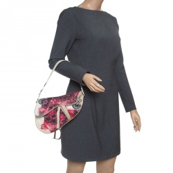 Pre Owned Dior Off White/Red Printed Fabric Limited Edition 071 Saddle Bag