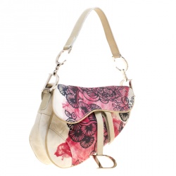 Pre Owned Dior Off White/Red Printed Fabric Limited Edition 071 Saddle Bag