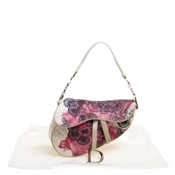 Pre Owned Dior Off White/Red Printed Fabric Limited Edition 071 Saddle Bag