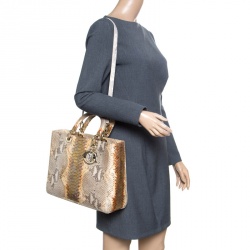 مملوكة مسبقًا Dior Cream/Gold Python Large Lady Dior Tote