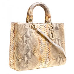 مملوكة مسبقًا Dior Cream/Gold Python Large Lady Dior Tote