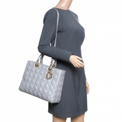Pre Owned Dior Grey Leather Large Lady Dior Top Handle Bag