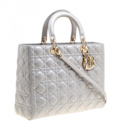 Pre Owned Dior Grey Leather Large Lady Dior Top Handle Bag