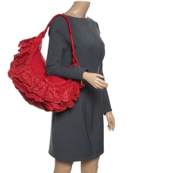 Pre Owned Dior Red Leather Large Gypsy Ruffle Hobo Bag