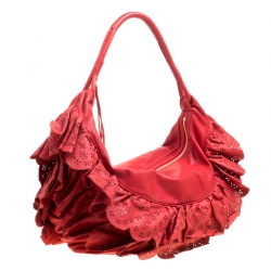Pre Owned Dior Red Leather Large Gypsy Ruffle Hobo Bag